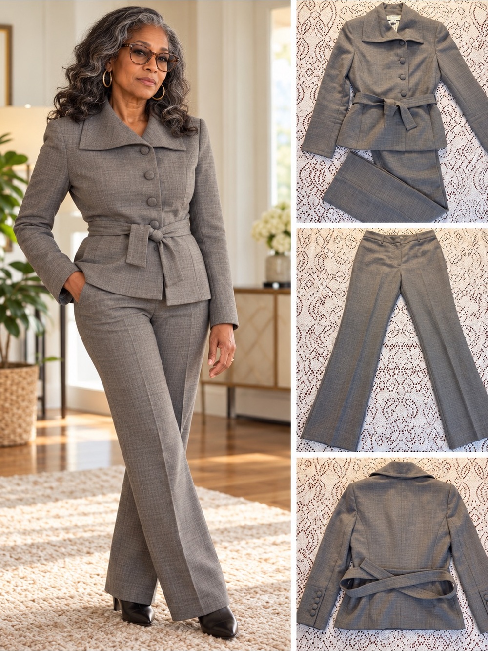 St. John Collection Wool Gray Tailored Belted Blazer Suit